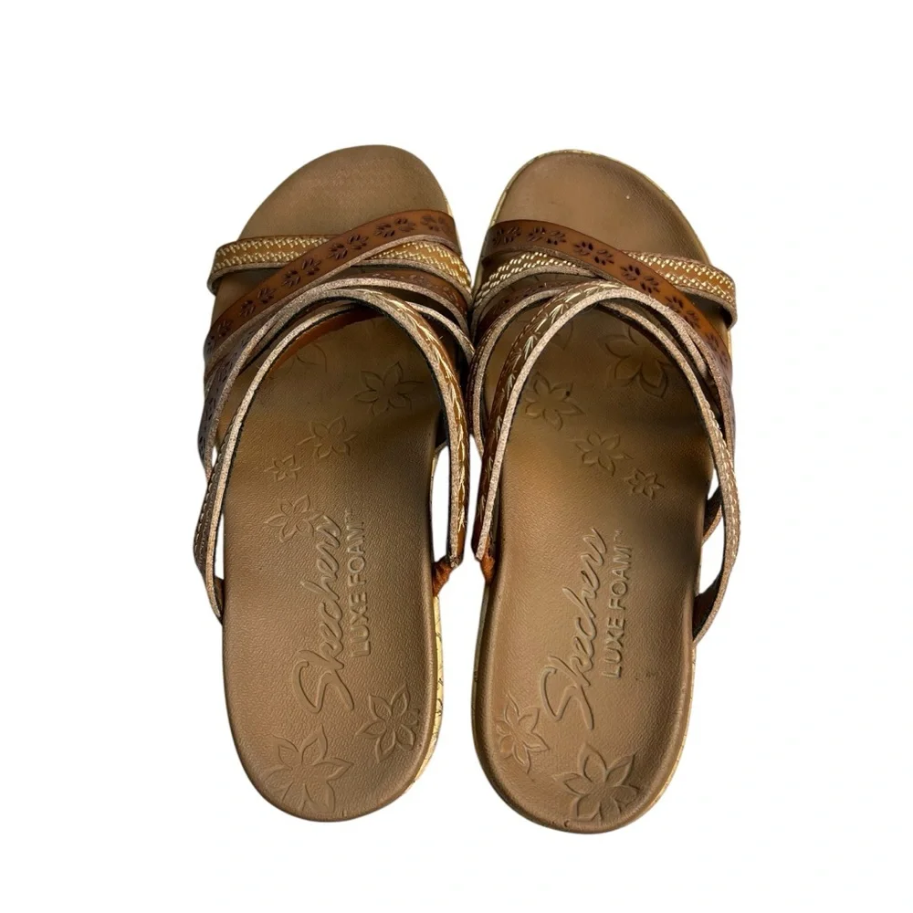 Skechers Beverlee Tiger Leather Strappy Size 6 Brown Cork Wedge Sandals - Picture 8 of 15
